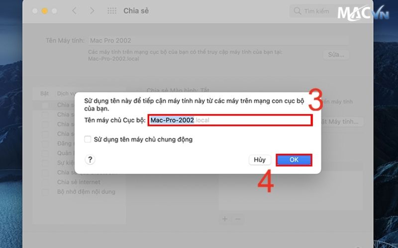 Bước 3 đổi tên máy chủ cục bộ trên MacBook