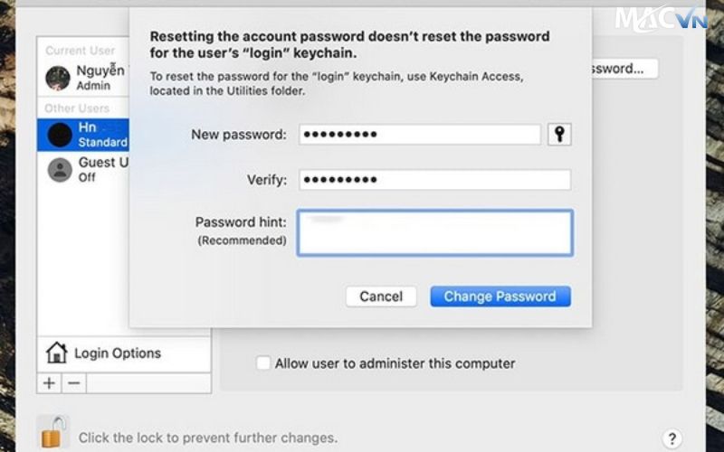 hoàn tất việc lấy lại mật khẩu tài khoản trên MacBook