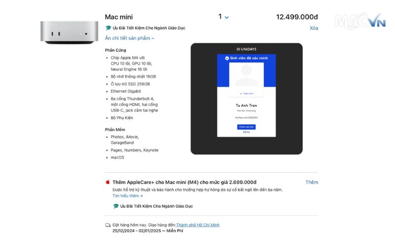 dam bao tai khoan giao duc hop le khi mua mac mini m4 gia sinh vien Chia Sẻ Cách Mua Mac Mini M4 Giá Sinh Viên Chỉ 12,5 Triệu Đồng Khi Mua Mac mini M4 Giá Sinh Viên Cần Đảm Bảo Tài Khoản Giáo Dục Hợp Lệ