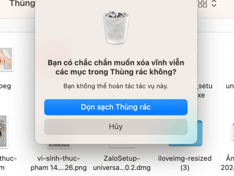Chọn dọn sạch thùng rác để xóa vĩnh viễn các hình ảnh Chọn dọn sạch thùng rác để xóa vĩnh viễn các hình ảnh