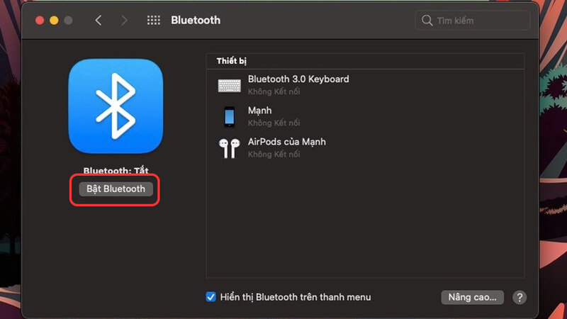 Bật Bluetooth để MacBook bắt đầu tìm kiếm thiết bị máy in