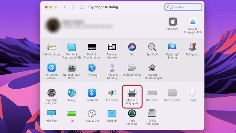Chọn mục Máy in & Máy quét