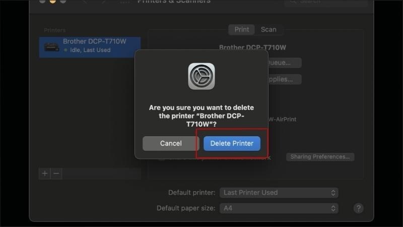 Chọn Xóa máy in (Delete Printer) để hoàn tất quá trình ngắt kết nối