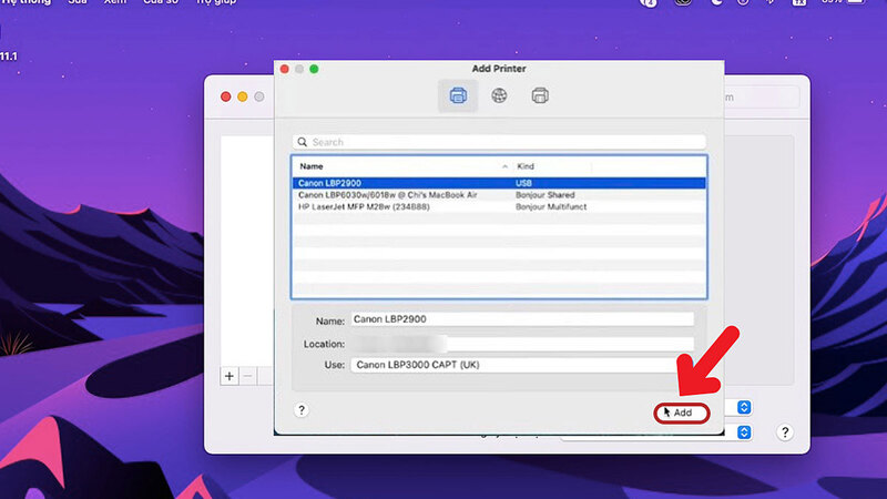 Nhấn vào mục Add để thêm máy in vào MacBook